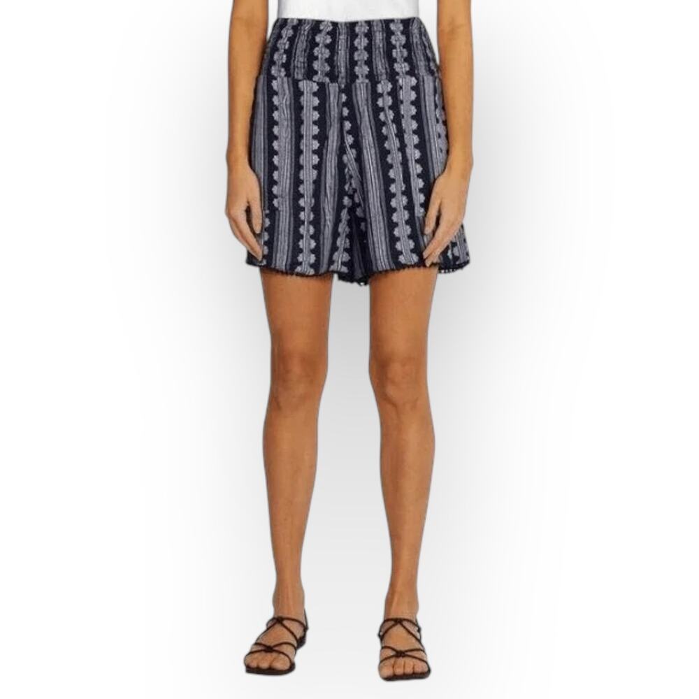 Three Dots Women's Pull On Shorts Navy Stripe Batik Size M Boho Bohemian